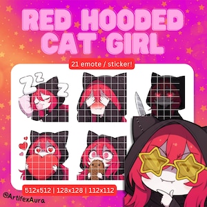 Red Haired Hooded Cat Girl Twitch Emotes: Kawaii Chibi Stickers (21 PNG Digital Download)