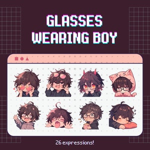 26 Twitch emotes boy with glasses set, bundle, pack, stickers, Discord, YouTube, Cute, Kawaii, Chibi, Anime, man, male, guy, black hair zdjęcie 1