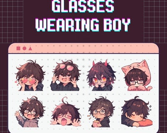 26 Twitch emotes boy with glasses - set, bundle, pack, stickers,  Discord, YouTube, Cute, Kawaii, Chibi, Anime, man, male, guy, black hair