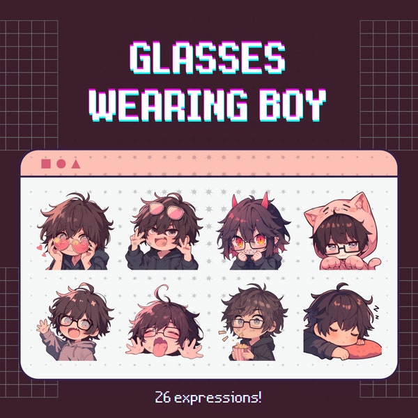 26 Twitch emotes niño con gafas - set, paquete, paquete, pegatinas, Discord, YouTube, Lindo, Kawaii, Chibi, Anime, hombre, hombre, chico, cabello negro