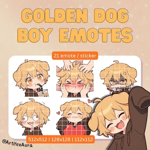 Puede incluir: Gráfico de arte digital con "Golden Dog Boy Emotes", que representa un personaje de perro de dibujos animados con pelaje dorado y una sudadera con capucha marrón. Las expresiones son variadas. La imagen incluye el texto "21 emote / sticker" y dimensiones.