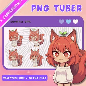 May include: Digital art of a cartoon squirrel girl with red hair and a striped tail, wearing a white sweater. The image includes the text "PNG TUBER", "5 EXPRESSIONS!", "SQUIRREL GIRL", and "VEADOTUBE MINI + 20 PNG FILES".