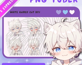 White Haired Cat Boy PNGTuber Model: Anime Chibi Vtuber