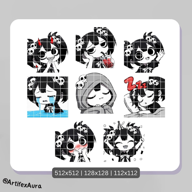 Black and White Goth Girl Twitch / Discord Emotes: Kawaii Chibi Sticker (22 PNG Digital Download) Bild 4