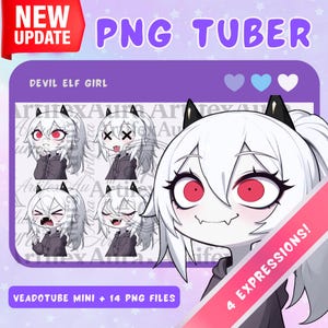 Peut inclure: Un ensemble d'actifs numériques intitulé NEW UPDATE PNG TUBER DEVIL ELF GIRL présentant quatre expressions faciales d'un personnage aux cheveux blancs, cornes noires, yeux rouges et crocs, portant un sweat à capuche, incluant 14 fichiers PNG.