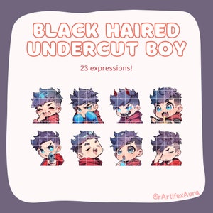 23 Twitch-Emotes Junge mit schwarzen Haaren – Set, Bündel, Packung, Aufkleber, Discord, YouTube, Gamer, Streamer, niedlich, Kawaii, Chibi, Anime, Mann, männlich, Kerl