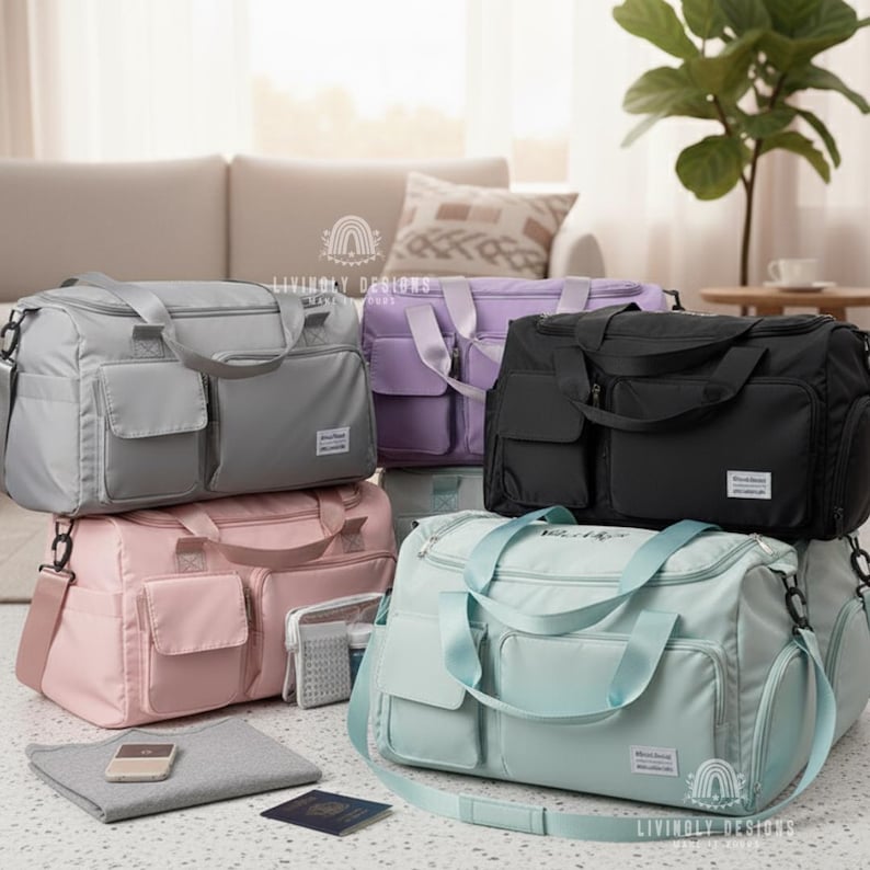 K&ouml;nnte beinhalten: Eine Auswahl an Reisetaschen in verschiedenen Farben, darunter Grau, Lavendel, Schwarz, Rosa und Hellblau. Jede Tasche hat mehrere Taschen, Griffe und einen Schultergurt. Die Taschen sind &uuml;bereinander gestapelt.