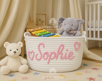 Personalized Name Rope Basket: Custom Embroidered Nursery Storage Bin