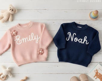 Handbestickter Babypullover mit individuellem Namen: Benutzerdefinierter Name für Kinder, Kleinkind, Neugeborenes, Andenken