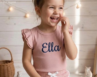 Personalized Baby Girl Outfit: Embroidered Name Ruffle Top & Shorts