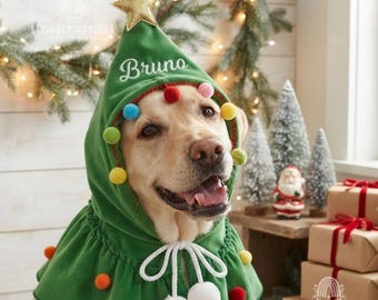 May include: A green hooded pet cape shaped like a Christmas tree, featuring a gold star at the peak, colorful pom-poms, white drawstring ties with large pom-poms, and the name Bruno embroidered in white script on the front.