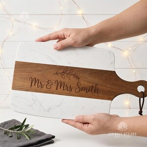 Personalized Acacia Wood Marble Serving Board, Luxury Charcuterie Tray with Handle for Cheese, Snacks and Entertaining