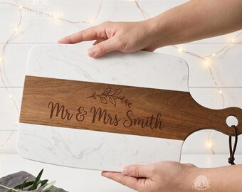 Personalized Acacia Wood Marble Serving Board, Luxury Charcuterie Tray with Handle for Cheese, Snacks and Entertaining