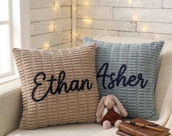 Custom Name Corduroy Pillow Cover: Chunky Knit Embroidered Cushion Home Decor