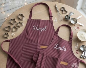 Christmas Baking Apron Set for Mom and Kids, Personalized Matching Embroidered Name Aprons