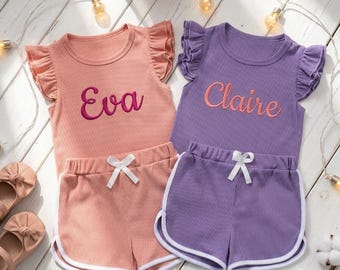 Personalized Baby Outfit: Embroidered Name Ruffle Top & Shorts Set