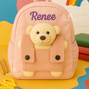 Sac à dos pour tout-petit brodé à la machine avec nom ours en peluche personnalisé | Cartable pour enfants | Rentrée des classes, souvenir | Cadeau personnalisé pour sac à dos en peluche