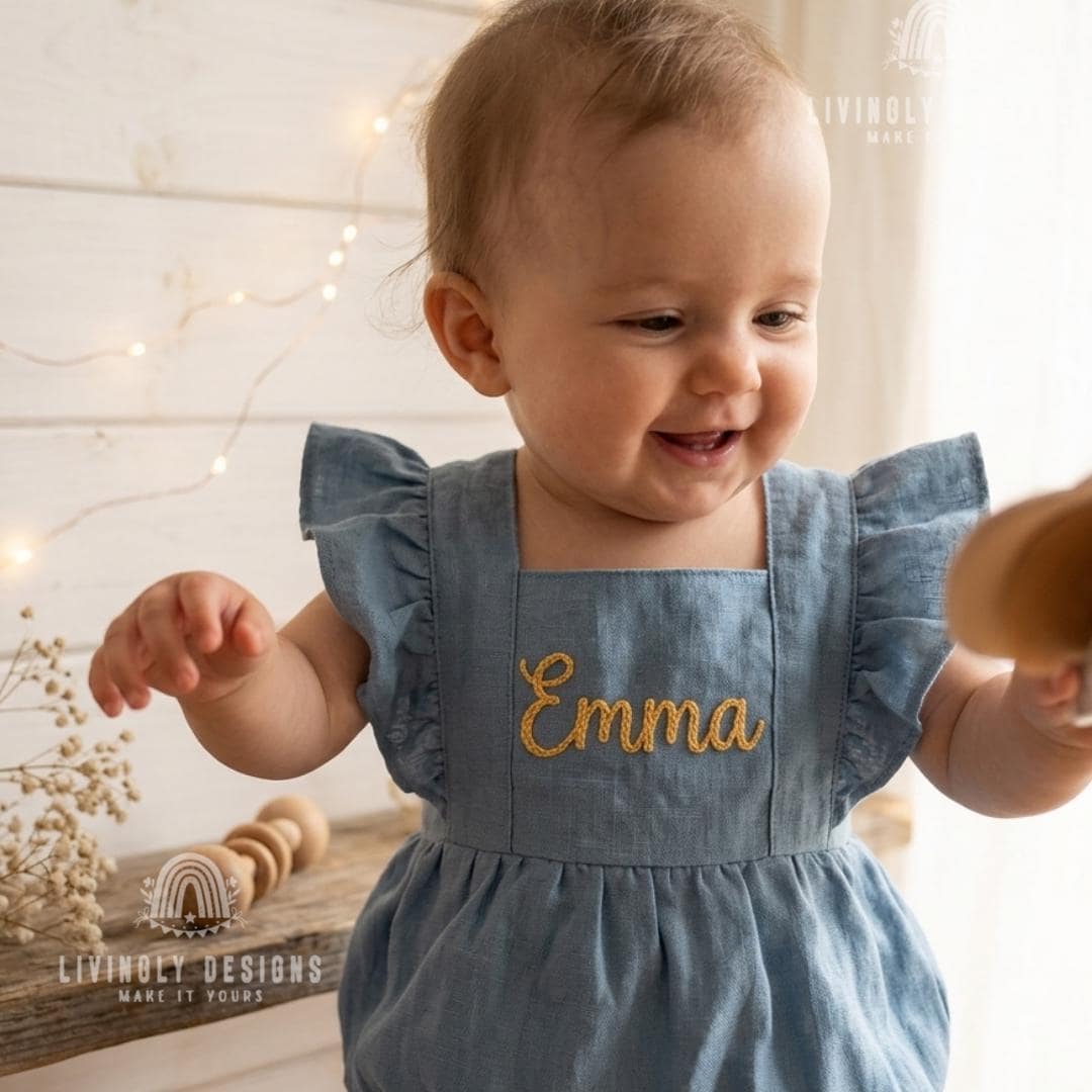 Custom Name Baby Romper, Embroidered Cotton Flutter Sleeve Bodysuit, Cute Summer Infant Jumpsuit, Baby Shower Gift