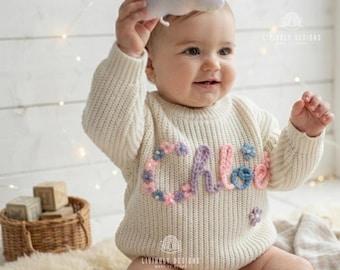 Custom Floral Embroidered Baby Sweater: Personalized Name Jumper