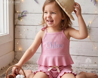 Personalized Baby Girl Summer Outfit: Embroidered Name Ruffle Set