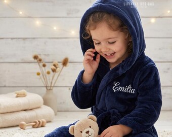 Kids Christmas Robe with Embroidered Name, Personalized Hooded Fleece Bathrobe, Toddler Gift