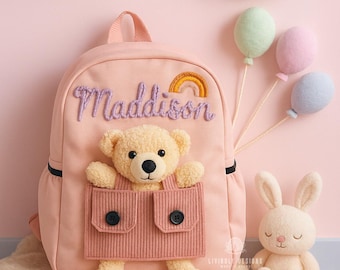 Mochila personalizada con forma de osito de peluche: nombre bordado, bolsillo de pana.