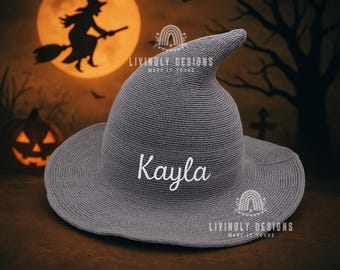 Chapeau de sorcière avec nom personnalisé : chapeau de costume d'Halloween brodé, chapeau de sorcier pointu en tricot pliable pour la fête, le cosplay et les déguisements