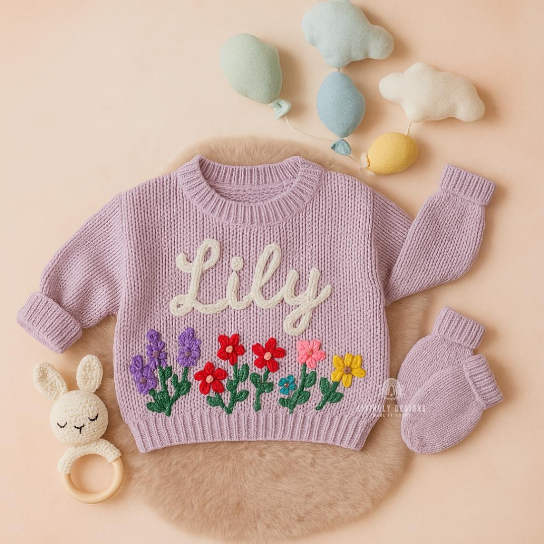 Custom Name Baby Flowerbed Sweater Jumper | Custom Hand Embroidered Jumper | Custom Baby Sweater | Baby Toddler Sweater | Baby Girl Gift