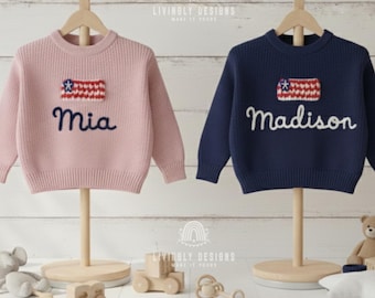 Suéter de bebé con bordado de la bandera de Estados Unidos: suéter de punto con nombre personalizado, regalo de recuerdo de EE. UU.