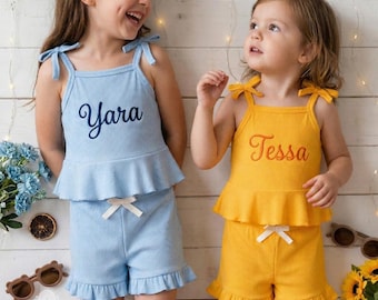Personalized Baby Girl Summer Outfit: Embroidered Name Ruffle Set
