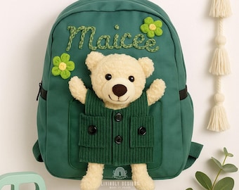 Mochila personalizada con forma de osito de peluche: nombre bordado, bolsillo de pana.