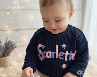 Jersey personalizado para bebé: Bordado floral con nombre, jersey personalizado para niño pequeño.