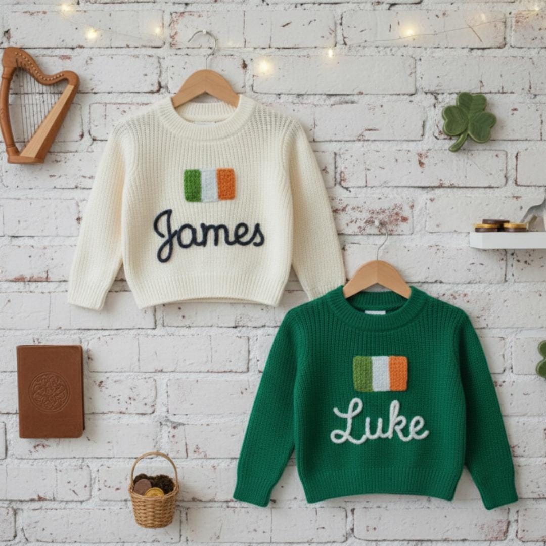 Custom Name Ireland Flag & Name Sweater: Personalized Irish Jumper for Babies, Kids, Toddlers