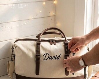 Personalized Weekender Bag for Men, Custom Name Canvas Travel Tote, Christmas Gift for Him