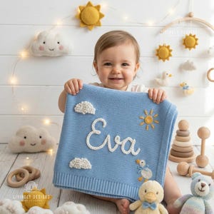 Personalized Knit Baby Blanket, Clouds Sun Duck Embroidery, Keepsake Nursery Gift