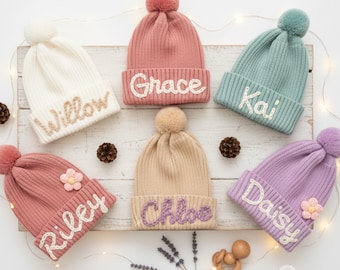 Personalized Name Kids Knit Beanie: Embroidered Cotton Hat