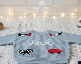 Custom Racing Car Name Sweater:Personalized Boy Knitwear Motorsport Embroidery Toddler Jumper Outfit