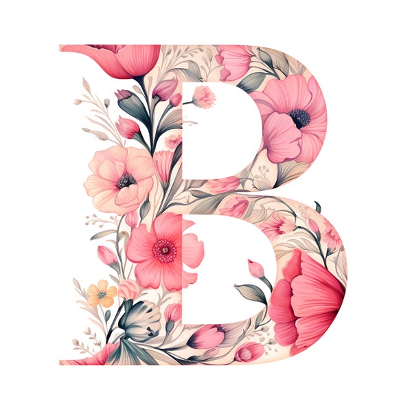 Pink Floral Letter B Graphic | Transparent Letter Graphic | Printable Art, Aesthetic Letter, Digital Download, Alphabet Graphic