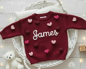 Baby's First Christmas Name Sweater with Embroidered Hearts, Personalized Gift for Baby Girl