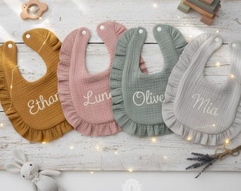 Personalized Ruffle Baby Bib: Embroidered Cotton Name Bib