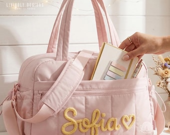 Personalisierte gesteppte Weekender-Tasche, individuell gestickte Reisetasche, Damen-Reisetasche
