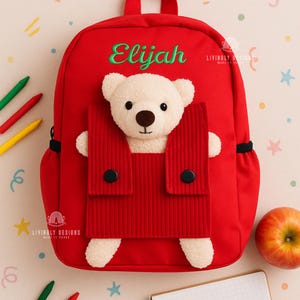 Sac à dos pour tout-petit brodé à la machine avec nom ours en peluche personnalisé | Cartable pour enfants | Rentrée des classes, souvenir | Sac à dos personnalisé en peluche