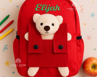 Mochila personalizada con forma de osito de peluche: nombre bordado, bolsillo de pana.