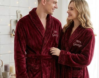 Personalized Christmas Robe for Couples, Embroidered Name Fleece Bathrobe, Gift for Him or Her