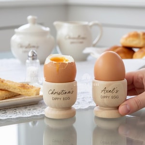 May include: Two wooden egg cups, one with a cracked egg and the other with a whole egg. The cups are labeled "Christina's Dippy Egg" and "Axel's Dippy Egg". Other breakfast items are in the background.
