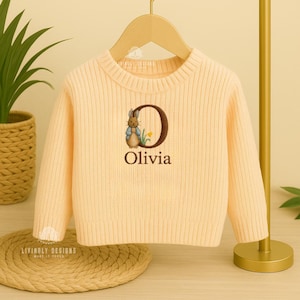 Suéter de conejito personalizado para bebés, niños pequeños y niños / Suéter personalizado / Regalo de Pascua / Traje de baby shower con letras de animales / Letras de conejo