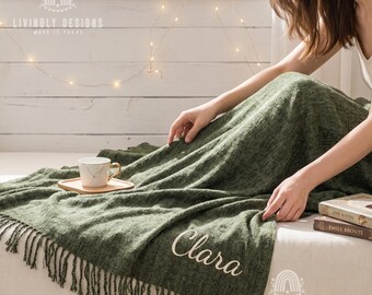 Custom Name Nordic Chenille Blanket, Soft Decorative Throw with Tassel Detail for Sofa, Bed and Photo Backdrops
