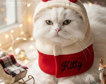 May include: A white long-haired cat wearing a cream-colored hooded garment with a large red bow on top. The garment features a red ribbed bottom section with the word Kitty embroidered in black script on the front side of the fabric.