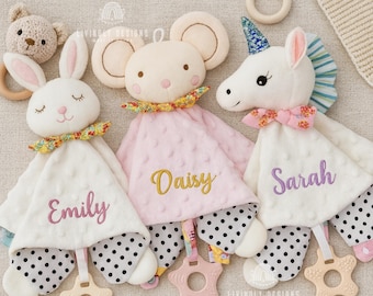 Doudou animal personnalisé en peluche : couverture de sécurité avec nom brodé