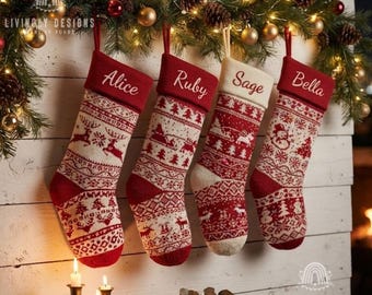 May include: Four knit Christmas stockings hanging in a row, each featuring a red and white pattern of reindeer, trees, and snowflakes. The cuffs are personalized with the embroidered names Alice, Ruby, Sage, and Bella in white script.